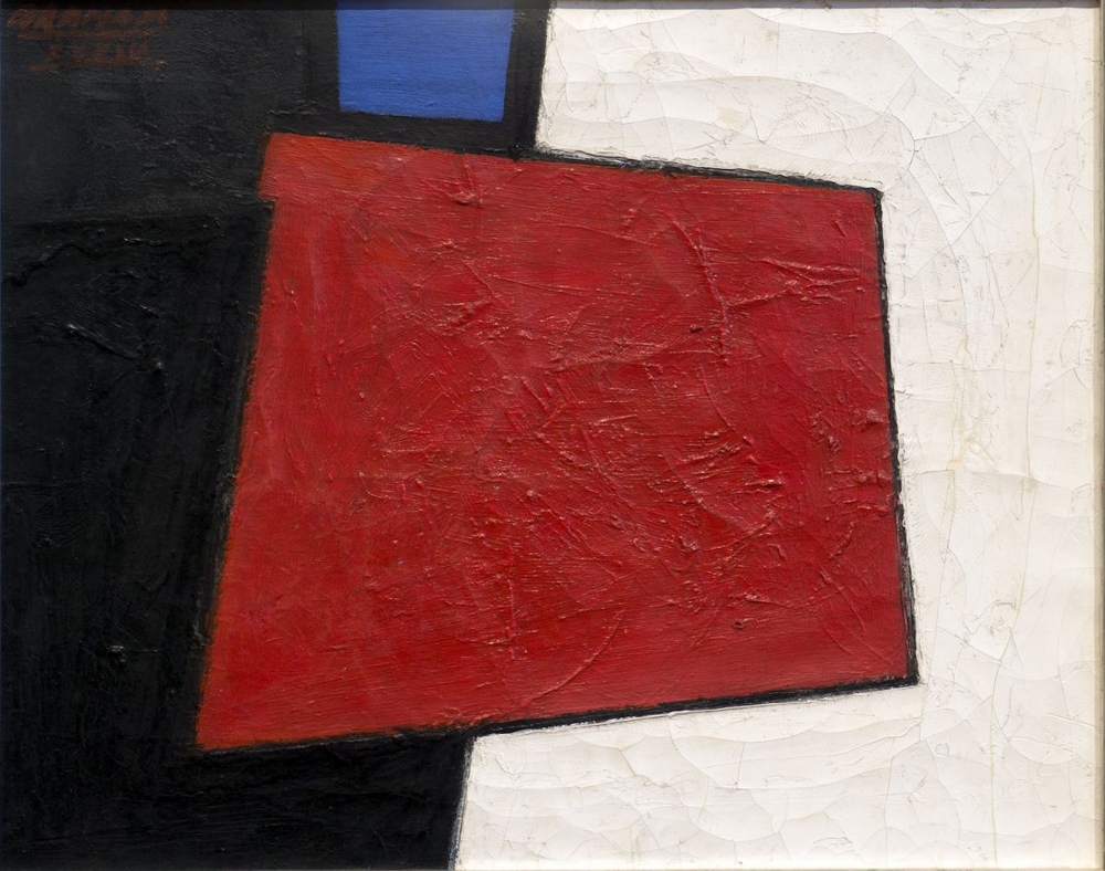 Painting split diagonally in half with a black section on the left and white section on the right. In the middle is a red, rhombus with a blue square on the black side above it. 