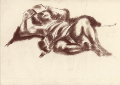 Brown, pastel drawing of a partially covered nude woman reclining with a book raised so that it hides the top of her face to the viewer.