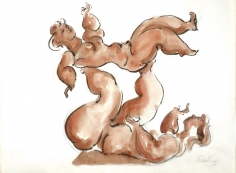 A drawing of a mother laying and balancing her child upon her feet in the air. A dark orange color is used for shading against a thick, black outline.