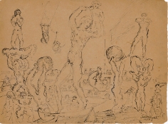 Rough sketch of various circus performers, including acrobats and trapeze artists, performing in front of a crowd that is depicted in the background.