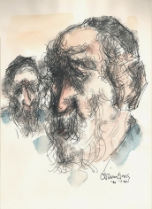 Ink and watercolor portrait of two bearded men, complete with black yarmulkes (skull caps) and blue shirts. The larger figure is positioned on the left while a more distant portrait sits in the back left of he composition.