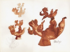 A drawing of two acrobat figures repeated three separate times, each varying in size. A small acrobat balances on the foot of another, lifting their legs and arms into the air. Each drawing is filled with red-brown watercolor.