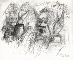 Pencil drawing depicting a bearded man, wrapped in a prayer shawl, with his hands raised. He is positioned at the right of the composition facing the left. Below him on the left are various distant figures, above which are a series of other figures positioned on a balcony. Above the man's head are the Hebrew words "שִׂמְחַת תּוֹרָה‎", lit. "Rejoicing with/of the Torah" in English, denoting the Jewish holiday of Simchat Torah.