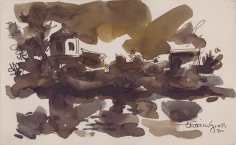 Ink drawing of a landscape, complete with a heavily shadowed clouds, façades of buildings and small trees. The scene is reflected in the foreground of the work, likely on a body of water.