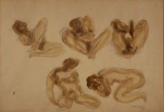 Drawing of five nude figures in various seated positions. The figures are shaded with brown ink.