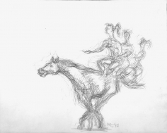 Pencil sketch of three figures sitting on the back of a horse in motion.