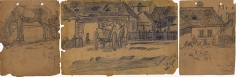 Three pencil drawing of a village town. The left depicts a grazing horse, attached to carriage. The center drawing depicts a carriage parked on grassland in front of a village complete with rectangular buildings with low roofs. The scene is continued in the rightmost drawing. Both the center and right drawing includes scattered human figures.