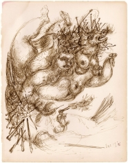 Ink drawing of a winged, flying figure who appears to have the anatomy of both a man and an animal. In its lower half, sticks akin to arrows stick out of its body while smaller creatures hover below it in the distance.
