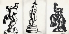 Three separate abstract ink drawings of acrobats. The first features an figure balancing on a ball, followed by a figure standing on a platform with three balls balanced on her head, and lastly a heavily shaded figure raising a ball above its head.