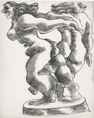 Drawing of two nude figures in mid-dance. The drawing uses a cross-hatching technique to create shadows.