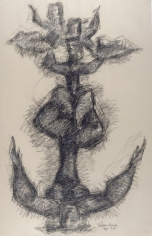 An abstract, heavily shaded drawing of one acrobat sitting cross-legged while holding another acrobat in the air.