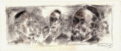 Conte crayon and charcoal drawing of the portraits of various bearded men, some of which are in profile, complete with black yarmulkes (skullcaps) and collared shirts worn under black outerwear.