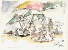 Pen sketch of groups of figures and umbrellas on a beach. The umbrellas are done in red, green and yellow watercolor. The figures are filled in with brown watercolor, and the sand in beige.