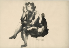 Ink drawing of a seated woman, facing the left side of the image. She is sitting with her legs crossed and holding a cigarette in her right hand.