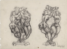 Two pencil drawings, almost identical in form, or two dancing nude figures balancing on a small platform. Each pair raises a child above their heads.