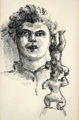 Ink drawing of the profile of a man (Chaim Gross), wearing a collared shirt. In the bottom right foreground is a sculpture, depicting a figure balancing upside-down on the head of another figure. Below his collar on the left is the date and signature of the artist.