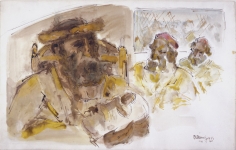 Rough sketch of three male figures, depicted from the shoulders to the head. The largest of which, on the left, sits on a chair, holding a baby swaddled in white. Each man is bearded and filled-in with brown and yellow watercolor paint.