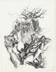 Ink drawing with surrealist imagery, depicting a bearded man with a hand that forms the shape of a wolf's head, holding a hyper realistic mask of a human face. Emerging from various points of his torso and head are what appears to be branches or roots, including a large or bird emerging from below its left (viewer's right) shoulder.