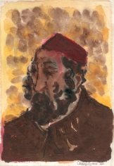 Ink and watercolor portrait of a man in half profile, facing the left of the composition. He is rendered in shades of brown, from his collared garment, skin and brown beard. His square yarmulke is dark red. Behind him are a collection of faint orange and brown splotches of watercolor.
