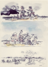 Three separate ink drawings placed vertically on top of one another. The top features figures running to the left of the composition near a hovering dark cloud, followed by a scene of figures lounging with umbrellas below, and lastly, a scene of multiple lounging groups alongside the water, as birds fly above. The top and middle drawings both implement watercolor while the bottom drawing does not.