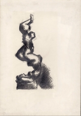 Heavily shaded drawing of a figure holding a smaller figure in the air on their feet and balancing.