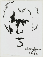 Ink drawing made of small strokes that harnesses negative space to create the profile of a man (Chaim Gross). In the bottom-right of the work is the artist's signature and the date.