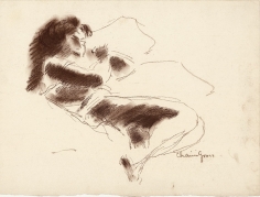 Conte crayon sketch of a woman reclining, with her knees slightly drawn inwards, shaded in brown.