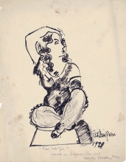 Drawing of a seated woman with her arm held over her head.