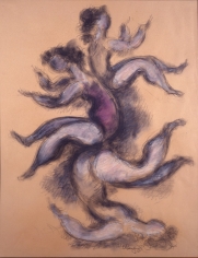 Drawing of three acrobats performing in a stacked formation, making outward gestures. A smudging technique is used to make a blurred effect, and white and pink pastel is used to add color.