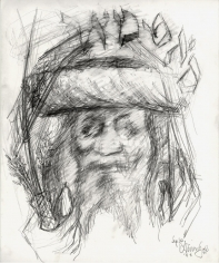 Pencil portrait of a bearded man wearing a traditional fur hat, topped with a shawl (most likely a prayer shawl). His hands are raised, and in his right hand (viewer's left) he holds the Four Species for the festival of Sukkot. Above his head is the word "סאַטמאַר" in Hebrew, or "Satmar" in English, denoting the Jewish sect with which the man is affiliated.