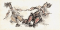 Drawing of two figures holding hands and dancing, each figure leaning to the side of the work closest to them. They are sketched in pencil and conte crayon gives color to their bodies.