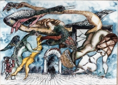 Drawing of various human and birdlike figures floating in the air and dancing. In the background there is an archway filled with cobwebs. The drawing is completed with blue, yellow, red and green watercolor paint.