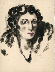Pastel drawing of the portrait of a woman wearing a coat. She is depicted almost entirely in black outlines, except for her lips, drawn in purple.