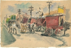 Ink, pencil, and watercolor drawing of a street lined by a row of red horse-drawn carts, which obscures both telephone poles and building façades. Throughout are various figures clothed in grey at work.
