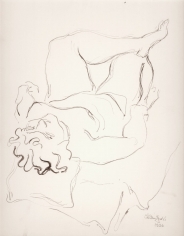 Ink drawing forming the outlines of a nude woman reclining, her head rests to the viewer's left while her legs, her left shin resting on her right knee, is closest to the top right of the work. She is reclining on what appears to be pillows and a couch.