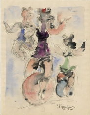 Drawing of three figures performing on unicycles. Each figure is filled in with a different color of watercolor paint.