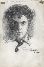 Pencil drawing of the profile of a man (Chaim Gross), including a white collar and dark tie. Crosshatching shades his face and the space behind his head. In small letters below his collar reads "Self Portrait" as well as the artist's signature.