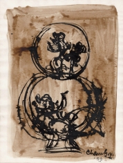 An ink drawing of a small hoop on top of another, each with roughly drawn figures inside. The background is solid brown watercolor.