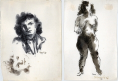 Two separate ink drawings side by side. On the left is the Portrait of a woman drawn twice, once vertically and once horizontally, the former including the top of her torso. On the right is the figure of a nude woman, complete with ink shading.