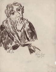 Conte crayon drawing of the upper torso and profile of a woman wearing a large coat and smoking a cigarette with her right hand (left), she faces the right side of the composition. Below her on the bottom-right is the signature of the artist, cypher, and the date.