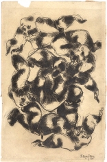Abstract charcoal drawing of several figures linked together by their limbs in a circular formation.