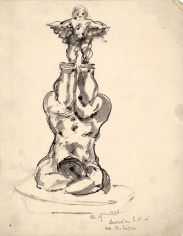 A sculptural drawing of a figure lying on their back, balancing a small figure in the air on their legs. The drawing is shaded with a light gray color.