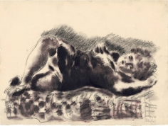 Drawing of a woman laying on her side and posing. The drawing is done in a blurred style.