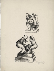 A sketch of one sculpture from two different perspectives. The sculpture depicts two nude torsos facing each other.