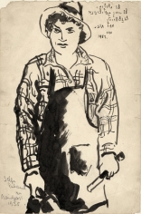 Ink drawing of a man (Chaim Gross), wearing a wide brim hat, a plaid shirt, and an apron, holding carving tools. The top-right of the work bears the following Yiddish inscription in English translation: "To (a) dope, to a Galitzyaner, to a blossom (bloom), moo 1957."