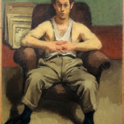Painting in muted colors of a young man seated in a maroon, plush armchair. He is wearing a loose white tank top that has sunk to only cover the very middle part of his chest. He is wearing green work pants with heavily defined creases, and has linked his hands together above his stomach. 