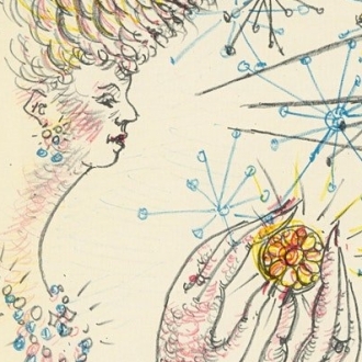 Drawing of woman in profile wearing a glittering necklace and earrings. In her hands she holds a circular object.