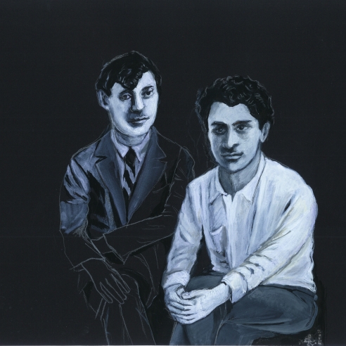 Black and white painting of two men seated next to each other. The man on the right has dark hair which falls in a triangular shape across his forehead and is wearing a black suit. The man on the left has curly dark hair which rises out of his face and is wearing a white button up and grey slacks. Both men lean over to place their hands on their knees with their legs crossed. 