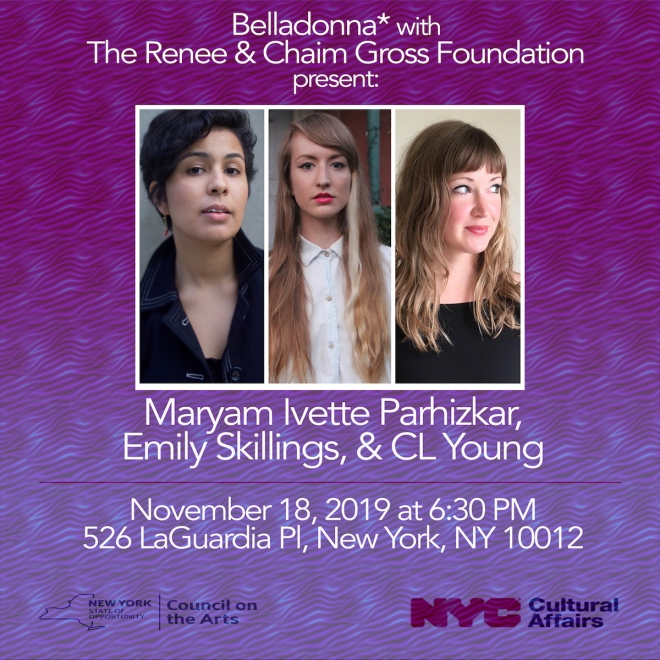 Pamphlet showing three young adults in a white box with vertical lines between them. The background is a gradient from dark to light purple with a wave like design. Above and below the photo of the people is geometric white lettering announcing event with details