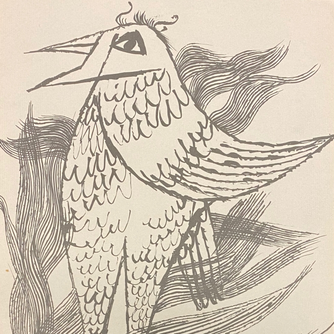 Lithograph of a standing bird, beak agape, and surrounded by collections of flowing lines, mimicking surrounding flora.